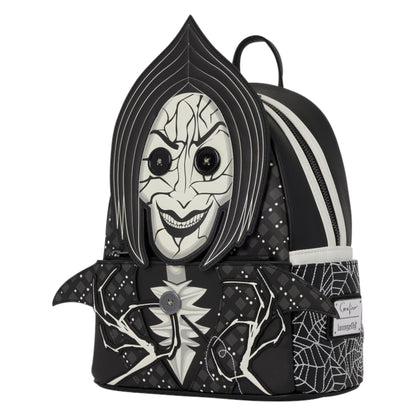 A black and white Nightmare Before Christmas mini backpack featuring a stylized depiction of the character's face, spiderweb patterns, and a spider emblem on the front pocket.