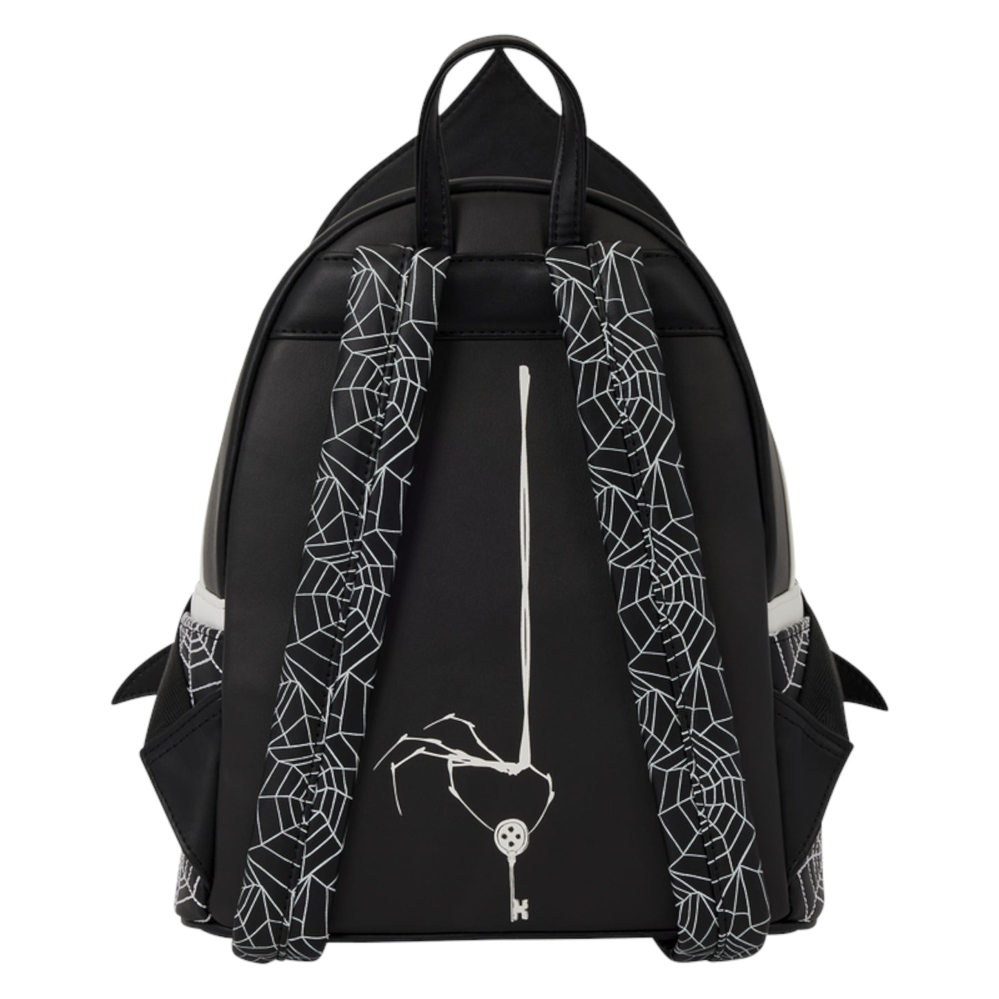 Black backpack with white geometric line-art patterns on the straps and a central skeleton hand graphic holding a key, shown against a plain white background.