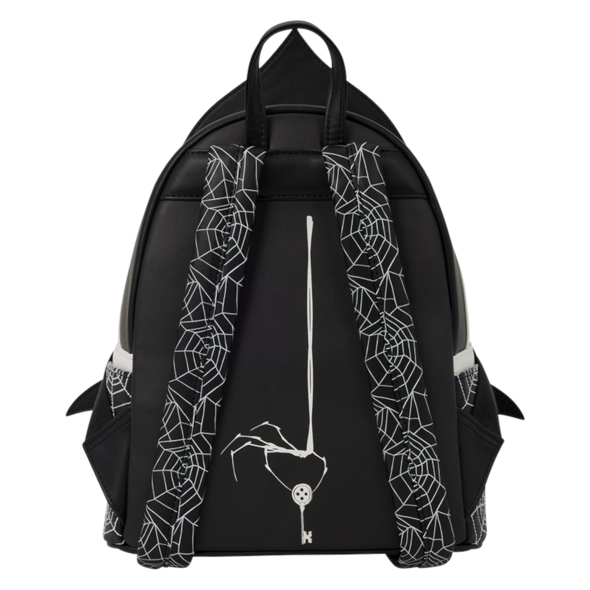 Black backpack with white geometric line-art patterns on the straps and a central skeleton hand graphic holding a key, shown against a plain white background.