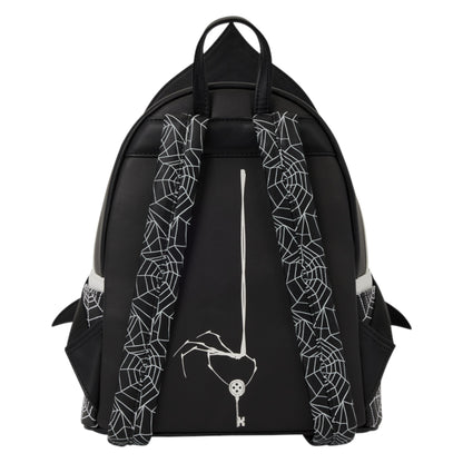 Black backpack with white geometric line-art patterns on the straps and a central skeleton hand graphic holding a key, shown against a plain white background.