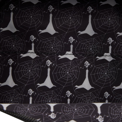 Black fabric with a repeating white pattern of skeleton figures and spiderwebs, shown folded to display the pattern.