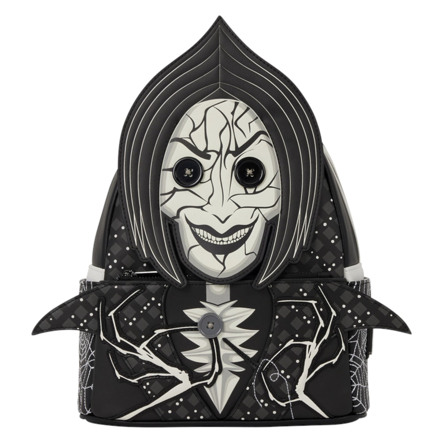 A black and white gothic-style backpack designed like a hooded skull character, featuring a cracked face mask graphic, spiderweb patterns, and a central flower accent on a plain white background.