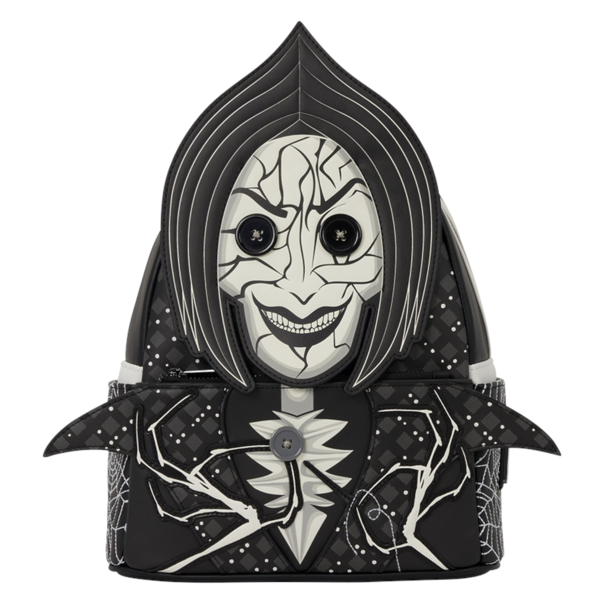 A black and white gothic-style backpack designed like a hooded skull character, featuring a cracked face mask graphic, spiderweb patterns, and a central flower accent on a plain white background.