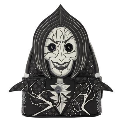 A black and white gothic-style backpack designed like a hooded skull character, featuring a cracked face mask graphic, spiderweb patterns, and a central flower accent on a plain white background.