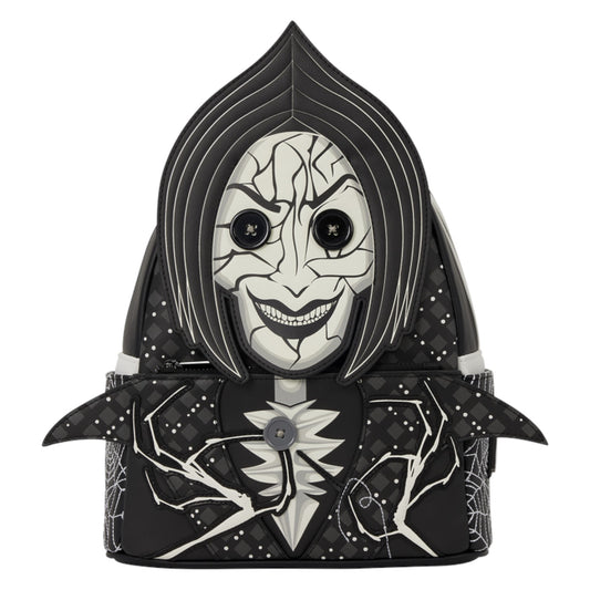 A black and white gothic-style backpack designed like a hooded skull character, featuring a cracked face mask graphic, spiderweb patterns, and a central flower accent on a plain white background.