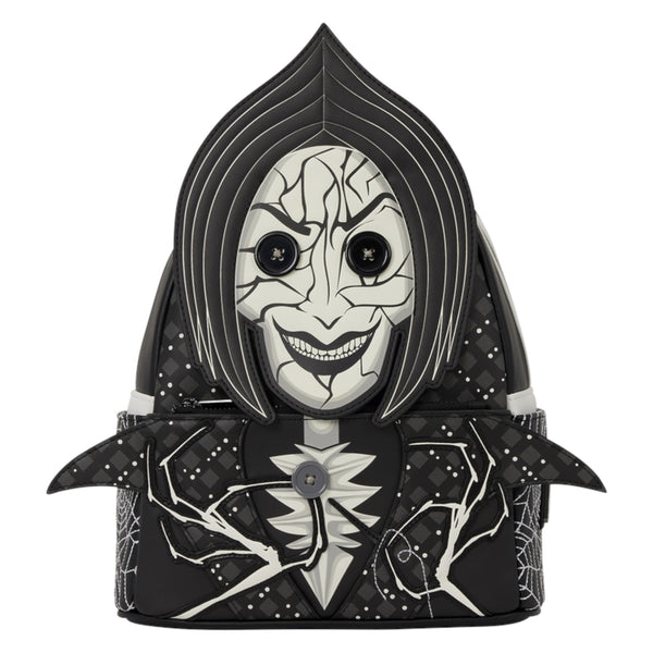 A black and white gothic-style backpack designed like a hooded skull character, featuring a cracked face mask graphic, spiderweb patterns, and a central flower accent on a plain white background.