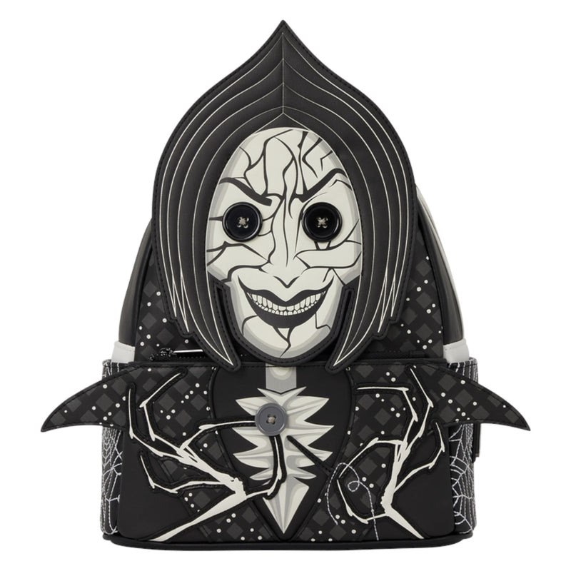 A black and white gothic-style backpack designed like a hooded skull character, featuring a cracked face mask graphic, spiderweb patterns, and a central flower accent on a plain white background.