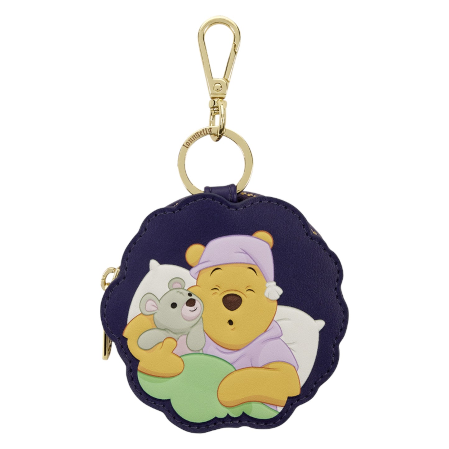 A round coin purse keychain featuring Winnie the Pooh hugging a small bear on a cloud, with a gold-tone clasp and ring, set against a plain white background.