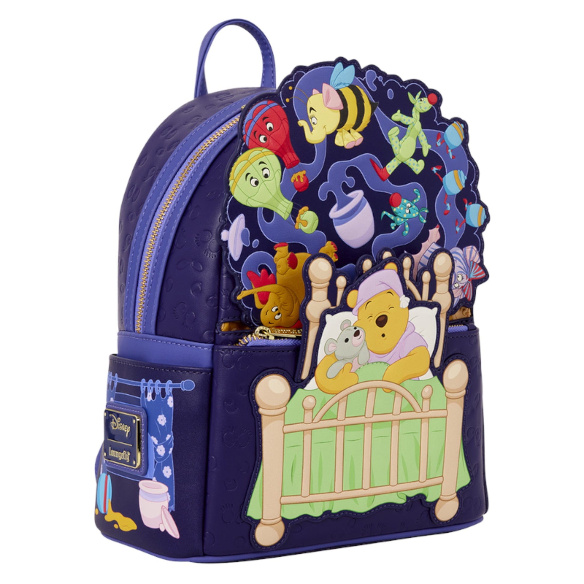 Disney-themed mini backpack featuring Winnie the Pooh characters in a night scene, including Pooh in bed and various animals and planets on a dark blue background.