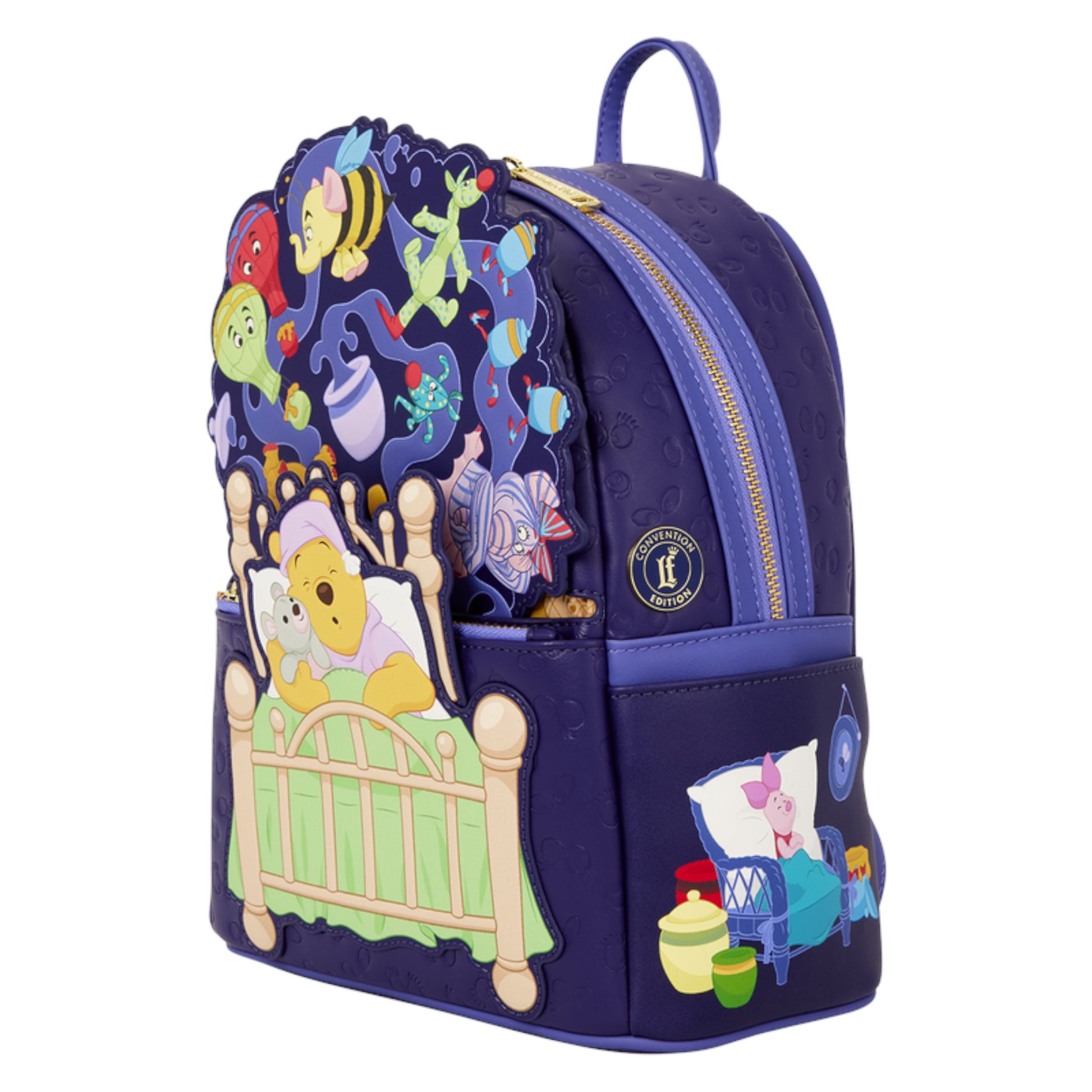 A Disney Lounge Small Backpack featuring Winnie the Pooh and Piglet designs, in dark purple with blue accents, gold zippers, and multicolor character illustrations.