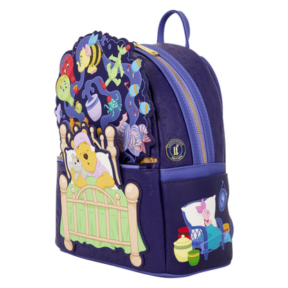 A Disney Lounge Small Backpack featuring Winnie the Pooh and Piglet designs, in dark purple with blue accents, gold zippers, and multicolor character illustrations.