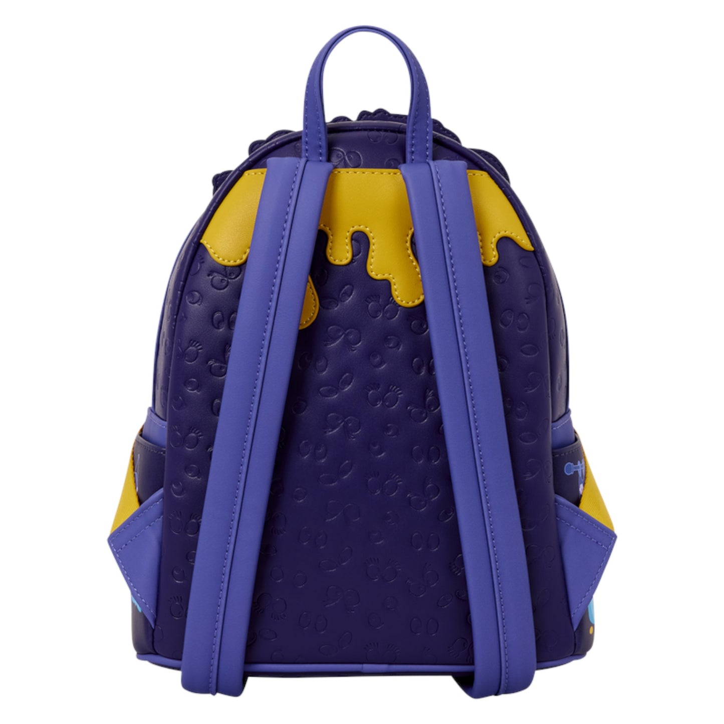 A purple and yellow backpack with embossed animal patterns, shown from the back on a plain white background.