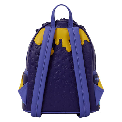 A purple and yellow backpack with embossed animal patterns, shown from the back on a plain white background.