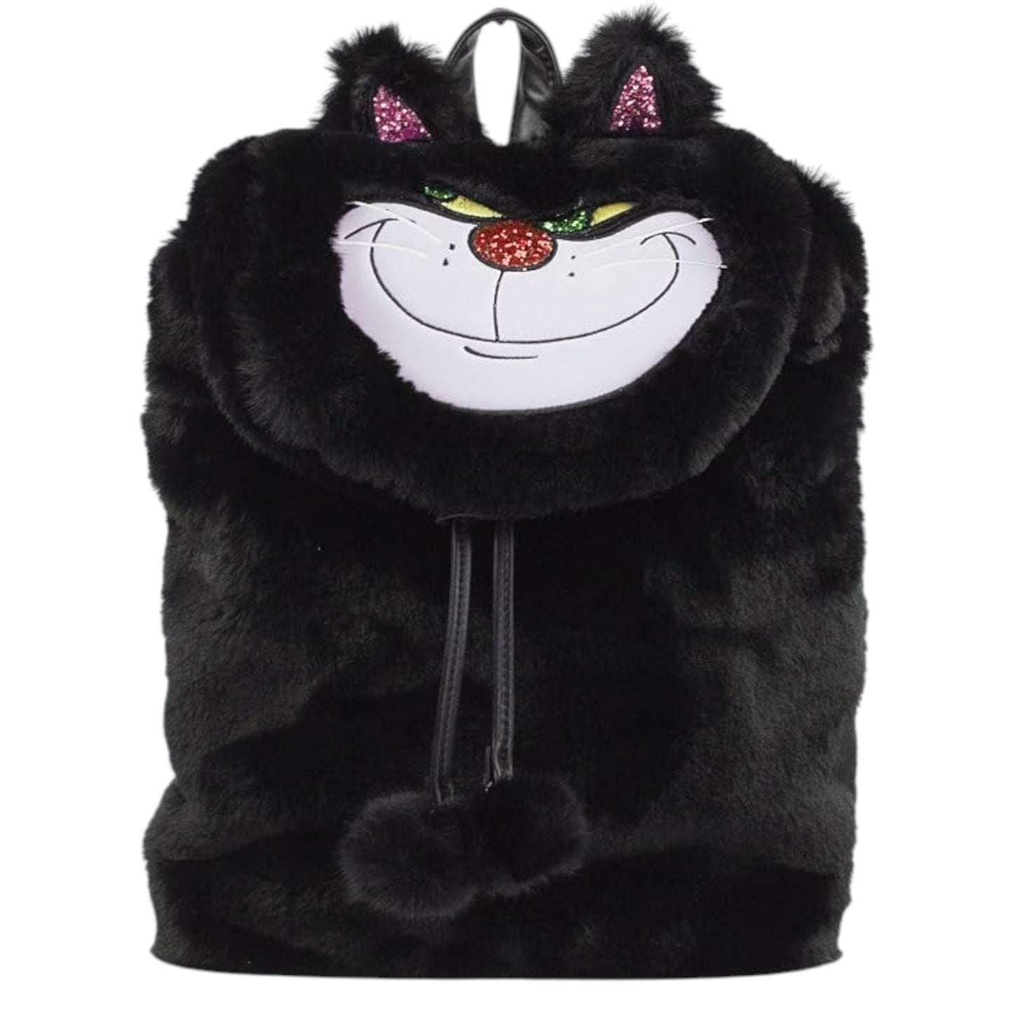 Black Danielle Nicole Disney Cinderella Lucifer Faux Fur Backpack with Lucifer character cat face design on a white background