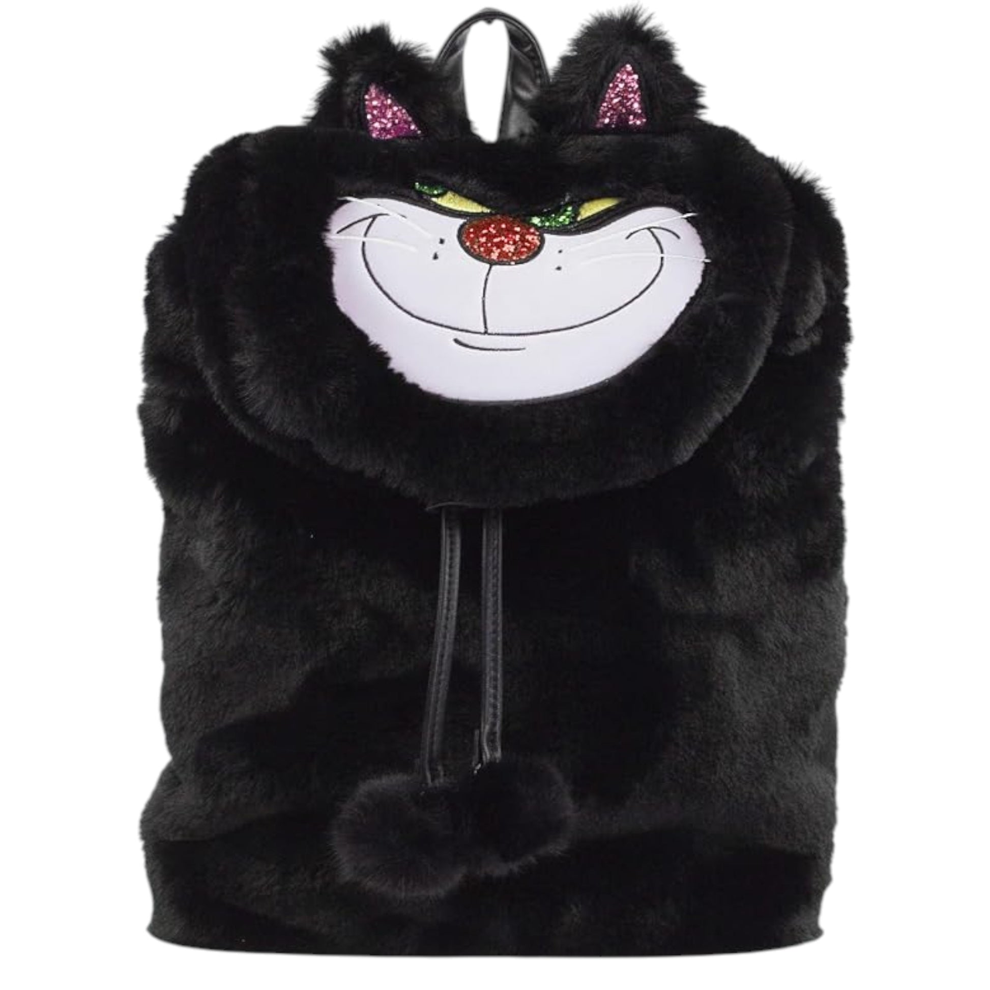 Black Danielle Nicole Disney Cinderella Lucifer Faux Fur Backpack with Lucifer character cat face design on a white background
