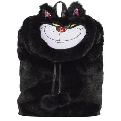 Black Danielle Nicole Disney Cinderella Lucifer Faux Fur Backpack with Lucifer character cat face design on a white background