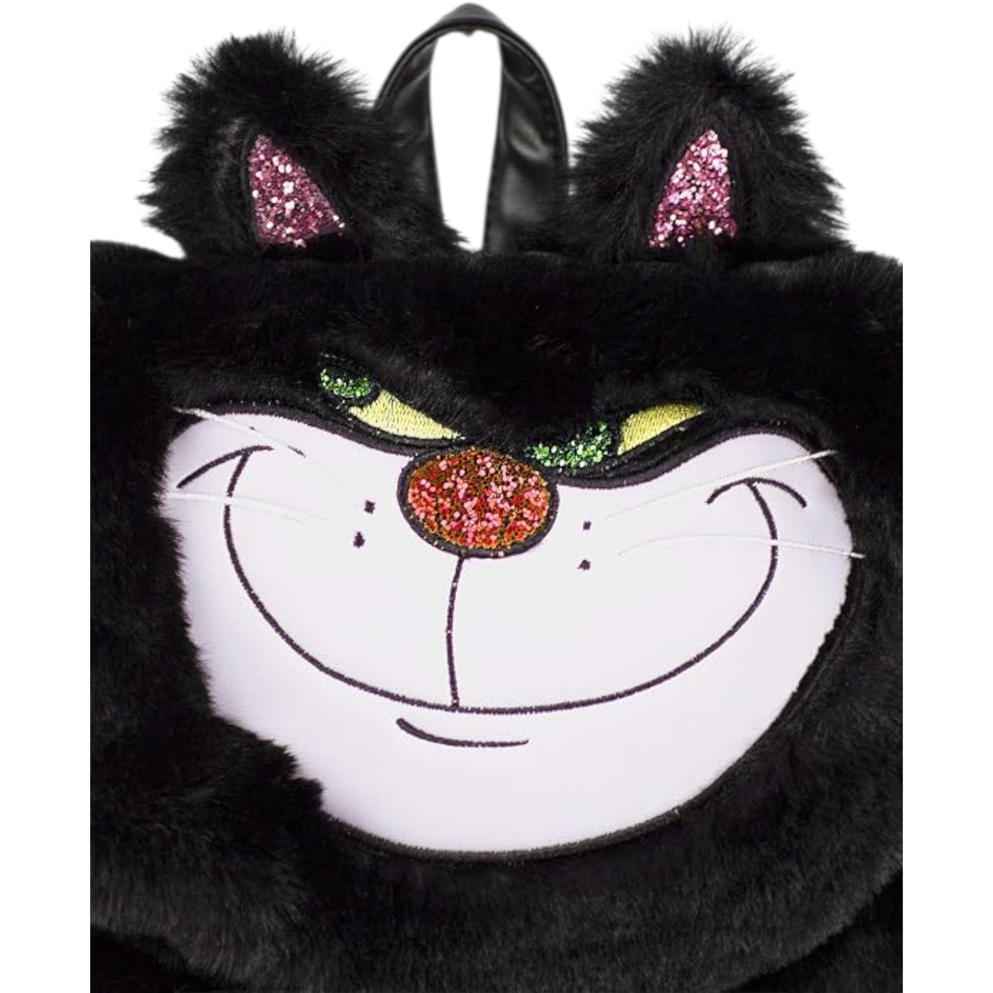 Black Danielle Nicole Disney Cinderella Lucifer Faux Fur Backpack with Lucifer character cat face design on a white background