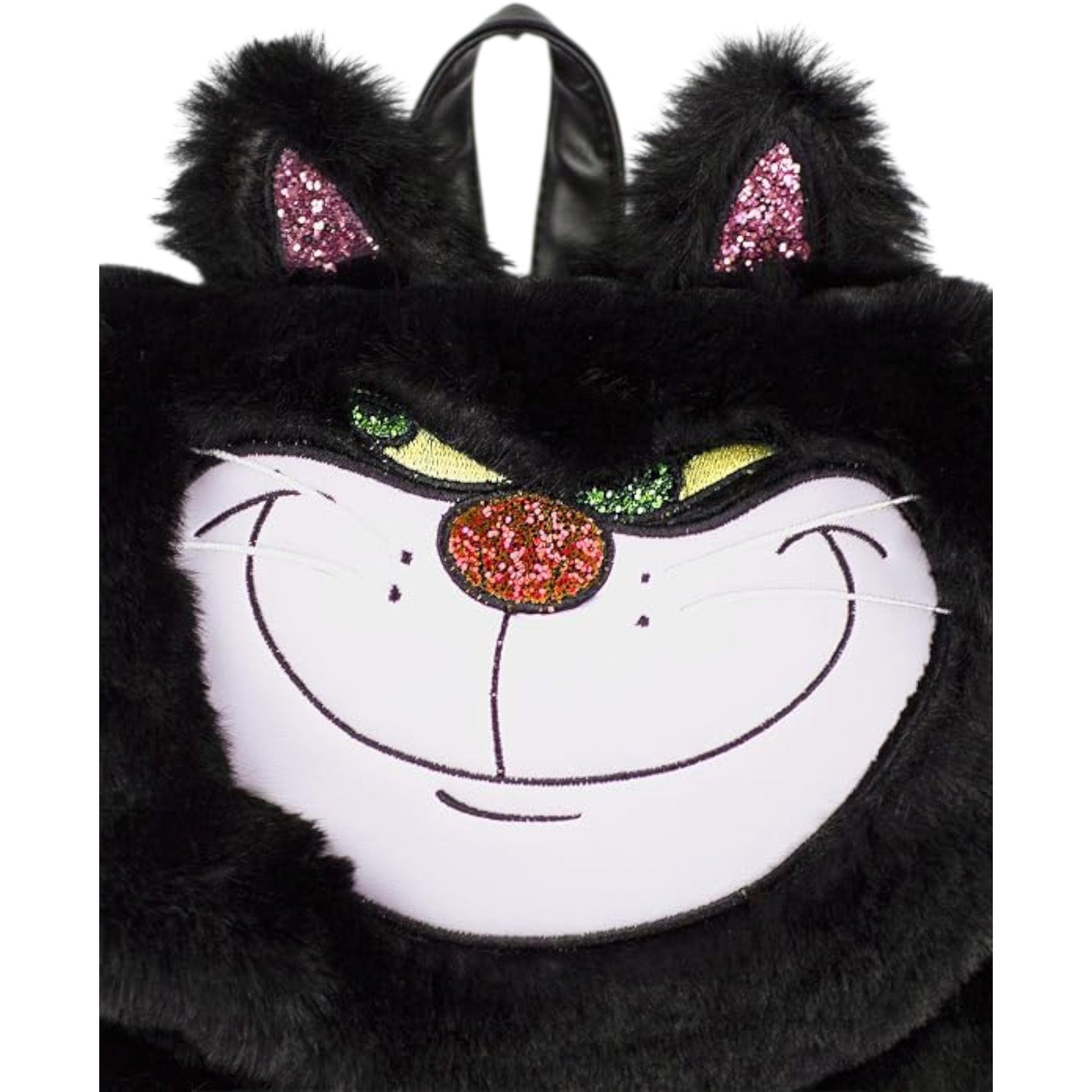 Black Danielle Nicole Disney Cinderella Lucifer Faux Fur Backpack with Lucifer character cat face design on a white background