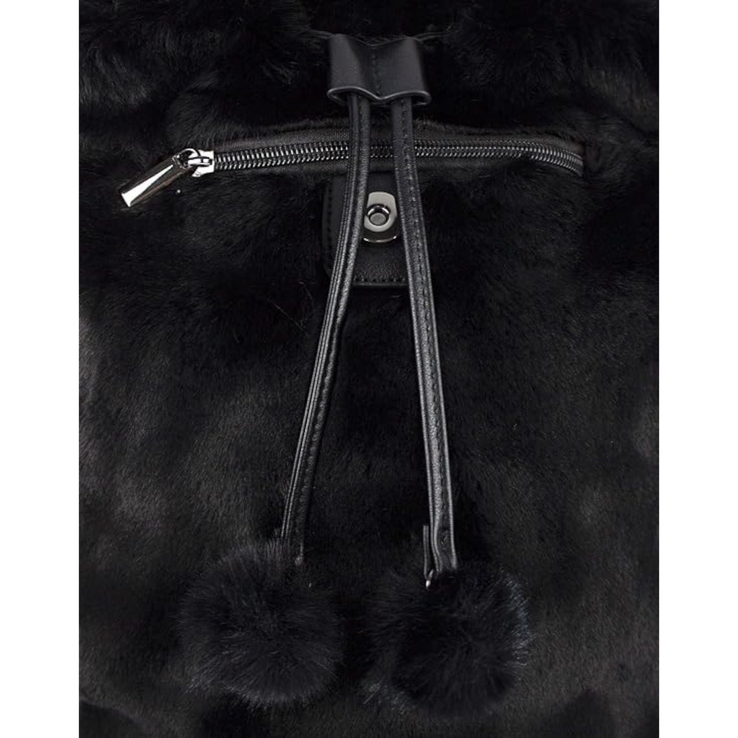 Close-up of back of Black Danielle Nicole Disney Cinderella Lucifer Faux Fur Backpack with a zipper and pom-pom details on a white background