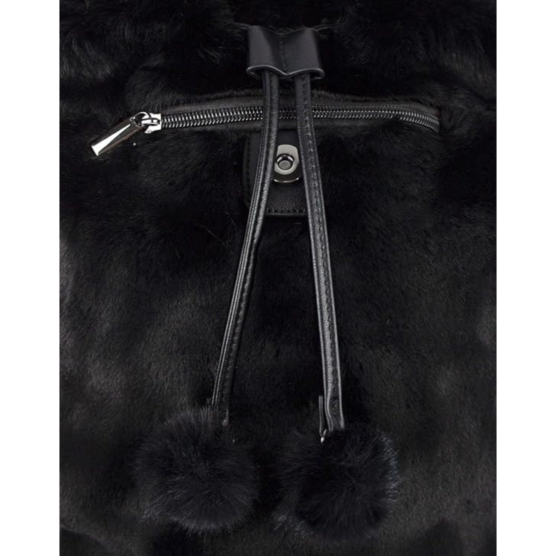 Close-up of back of Black Danielle Nicole Disney Cinderella Lucifer Faux Fur Backpack with a zipper and pom-pom details on a white background