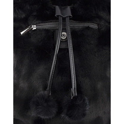 Close-up of back of Black Danielle Nicole Disney Cinderella Lucifer Faux Fur Backpack with a zipper and pom-pom details on a white background