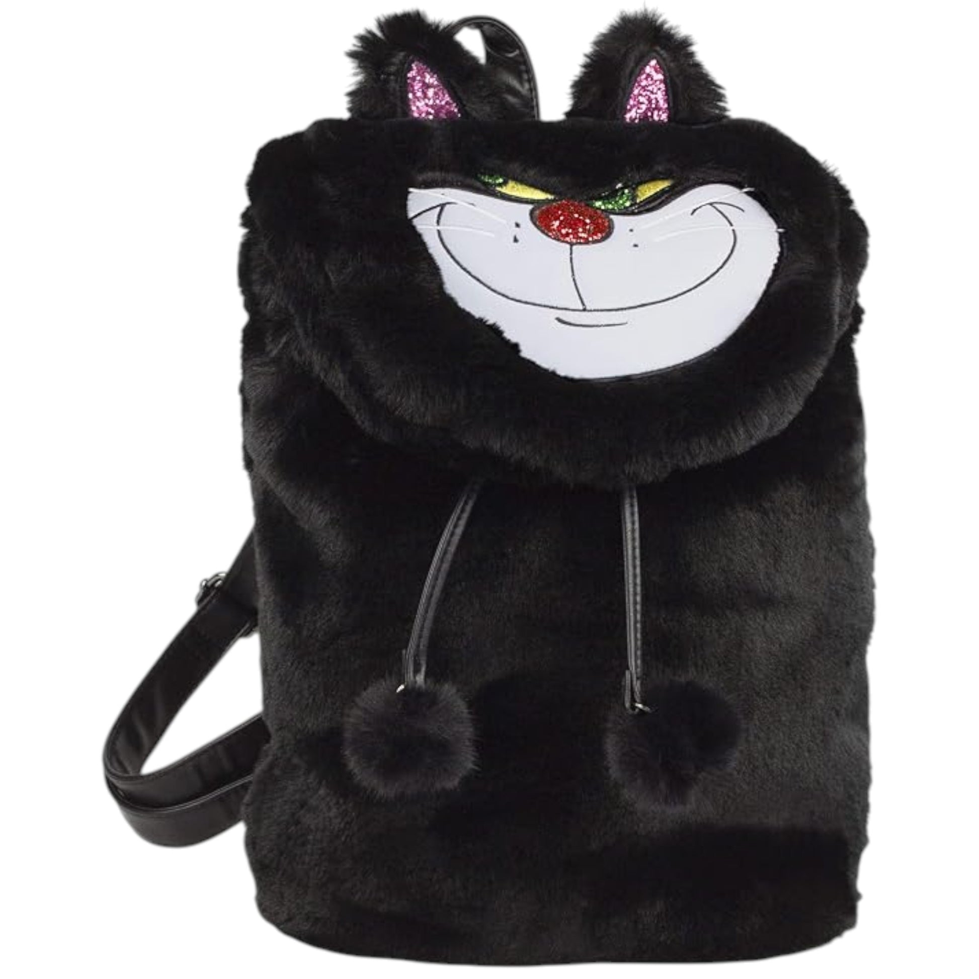 Black Danielle Nicole Disney Cinderella Lucifer Faux Fur Backpack with Lucifer character cat face design on a white background