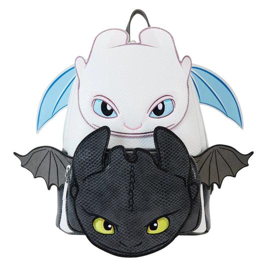 Backpack with Light and Night Fury dragon design on a white background