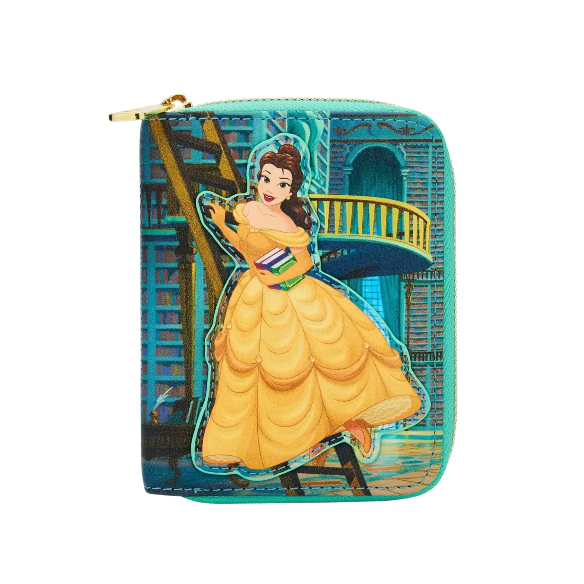 Zipper wallet with Disney princess Belle in the library design on a white background