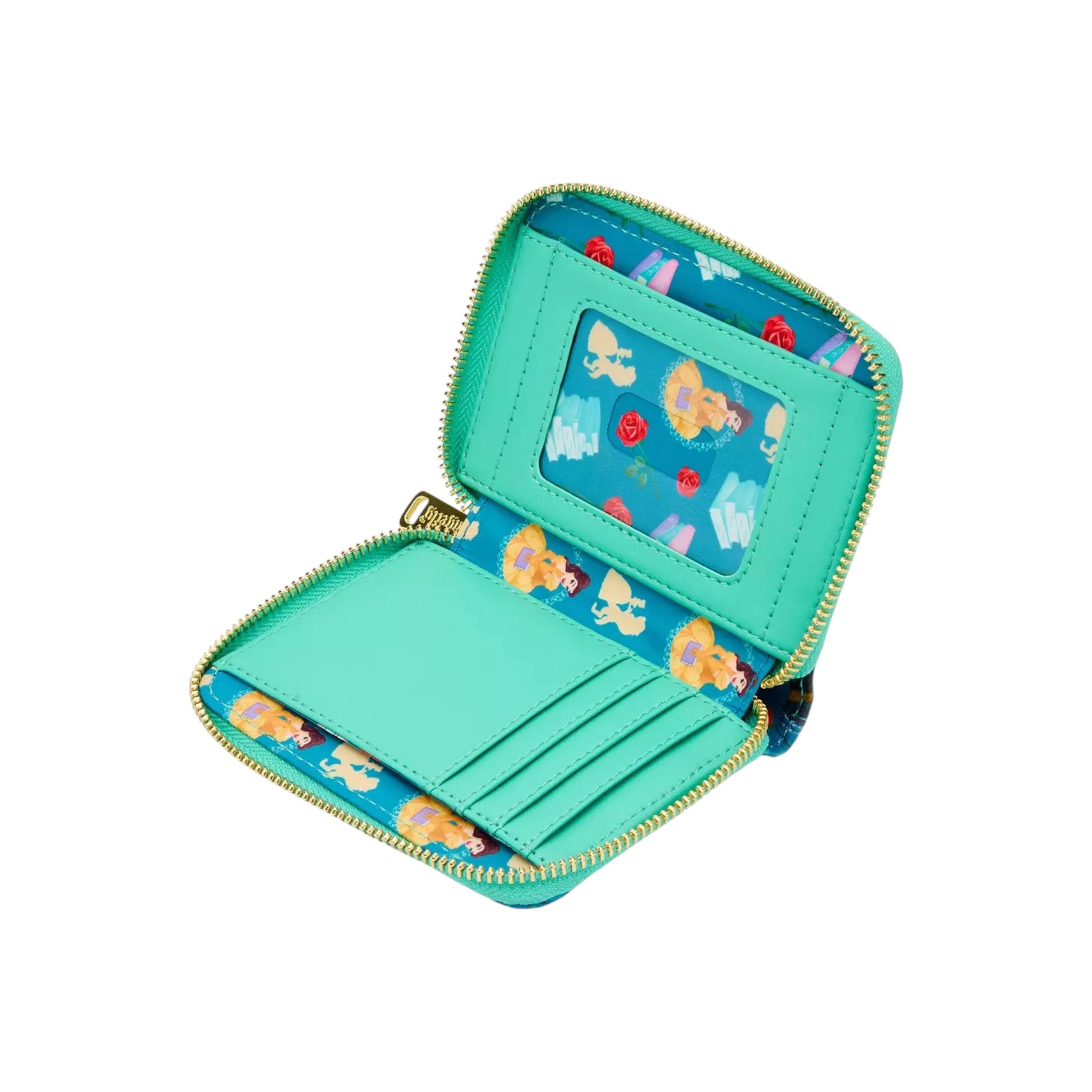 Turquoise wallet with Beauty and the Beast character design on a white background