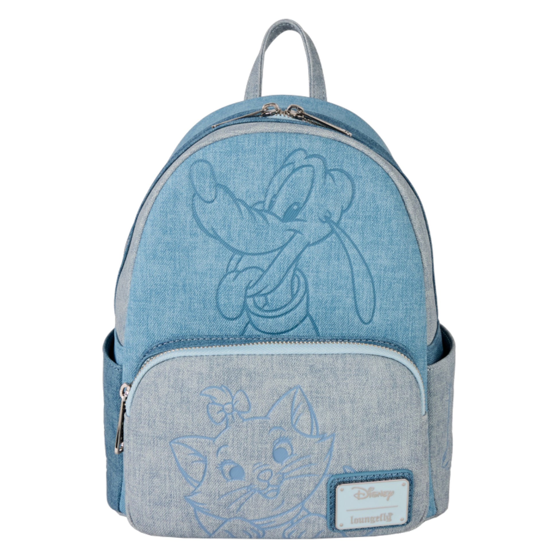 Blue Dogs & Cats Denim backpack with embroidered designs on a white background
