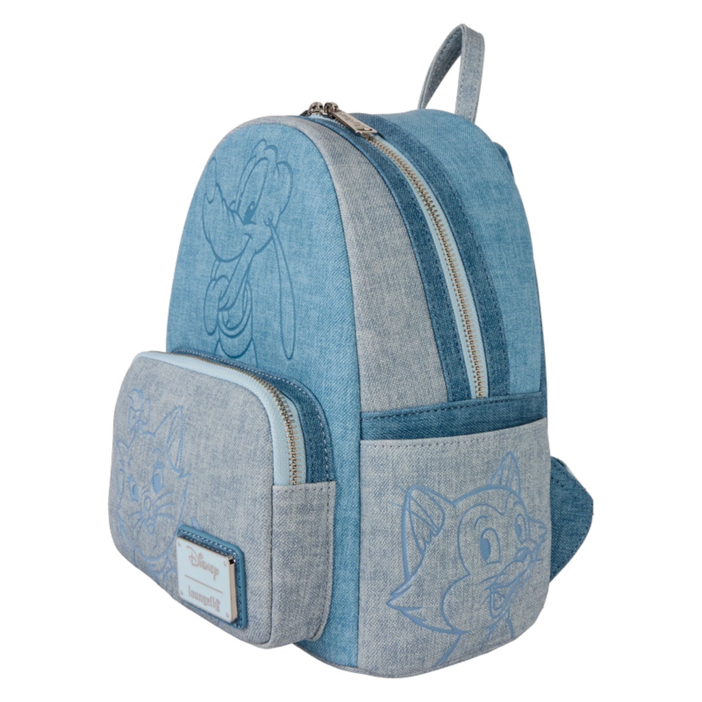 Blue Dogs & Cats Denim backpack with embroidered designs on a white background