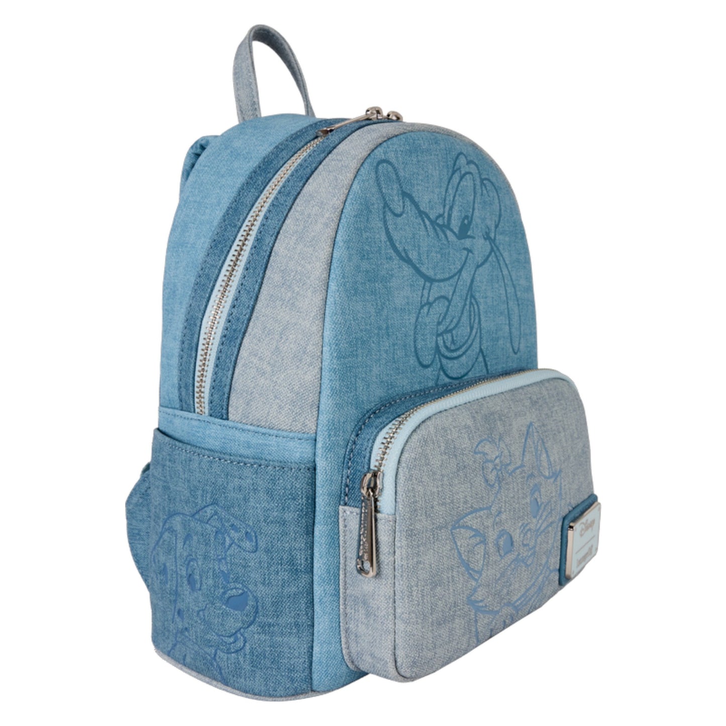 Blue Dogs & Cats Denim backpack with embroidered designs on a white background
