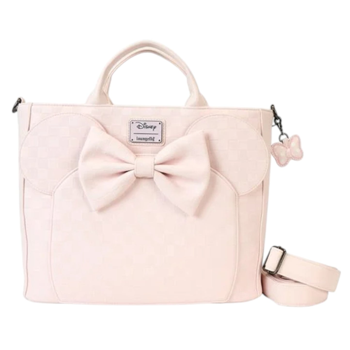 Pink Minnie Ear Checkerboard bag with a large bow and strap on a white background