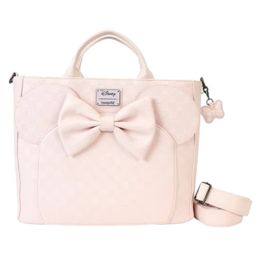 Pink Minnie Ear Checkerboard bag with a large bow and strap on a white background