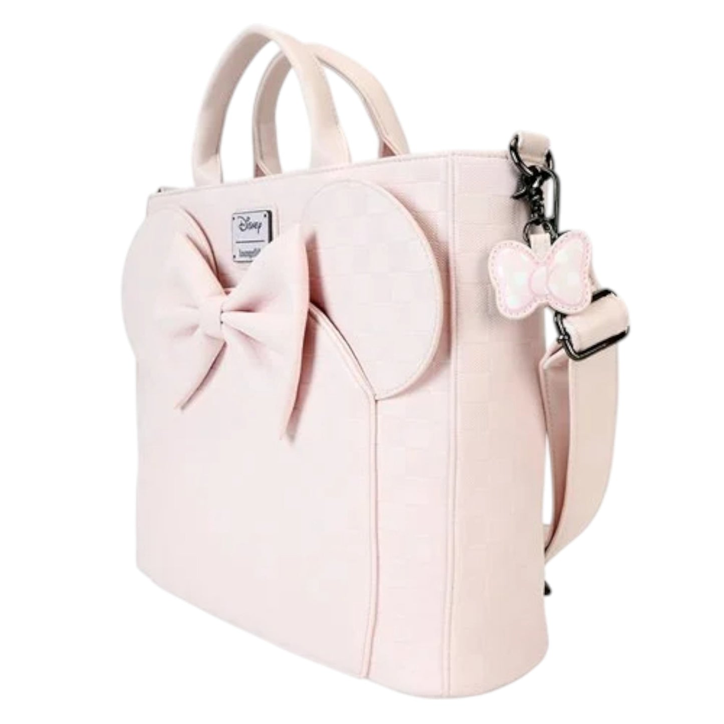 Pink Minnie Ear Checkerboard bag with a large bow and a zipper charm on a white background
