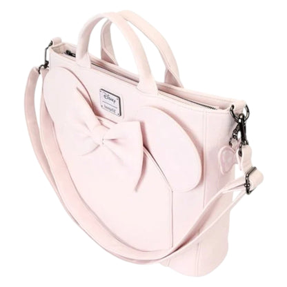 Pink Minnie Ear Checkerboard bag with a large bow and a zipper charm on a white background