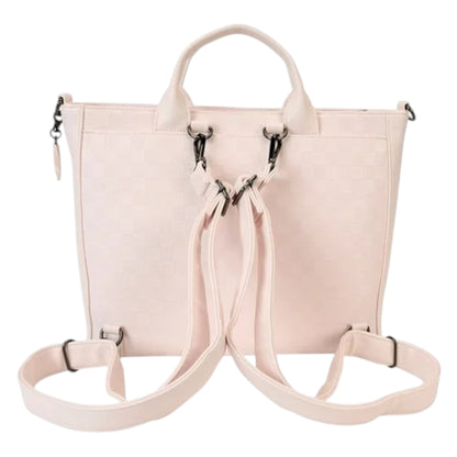 Pink Minnie Ear Checkerboard handbag with a strap on a white background