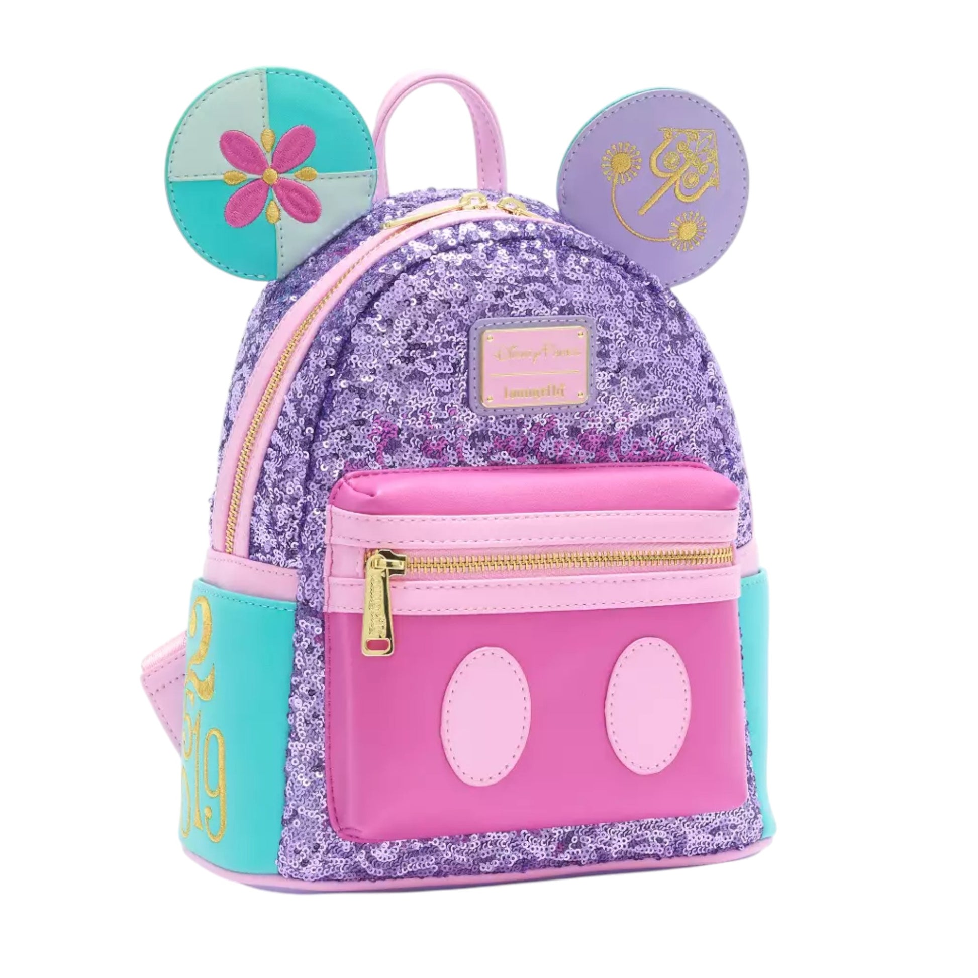 Colorful Mickey Mouse Main Attraction It's a Small World backpack with mouse ears and floral design on a white background