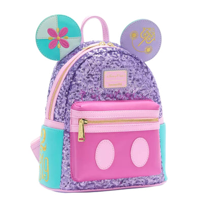 Colorful Mickey Mouse Main Attraction It's a Small World backpack with mouse ears and floral design on a white background