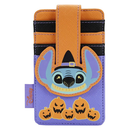 Card holder wallet with Halloween-themed design featuring Halloween Stitch and pumpkins on a purple background