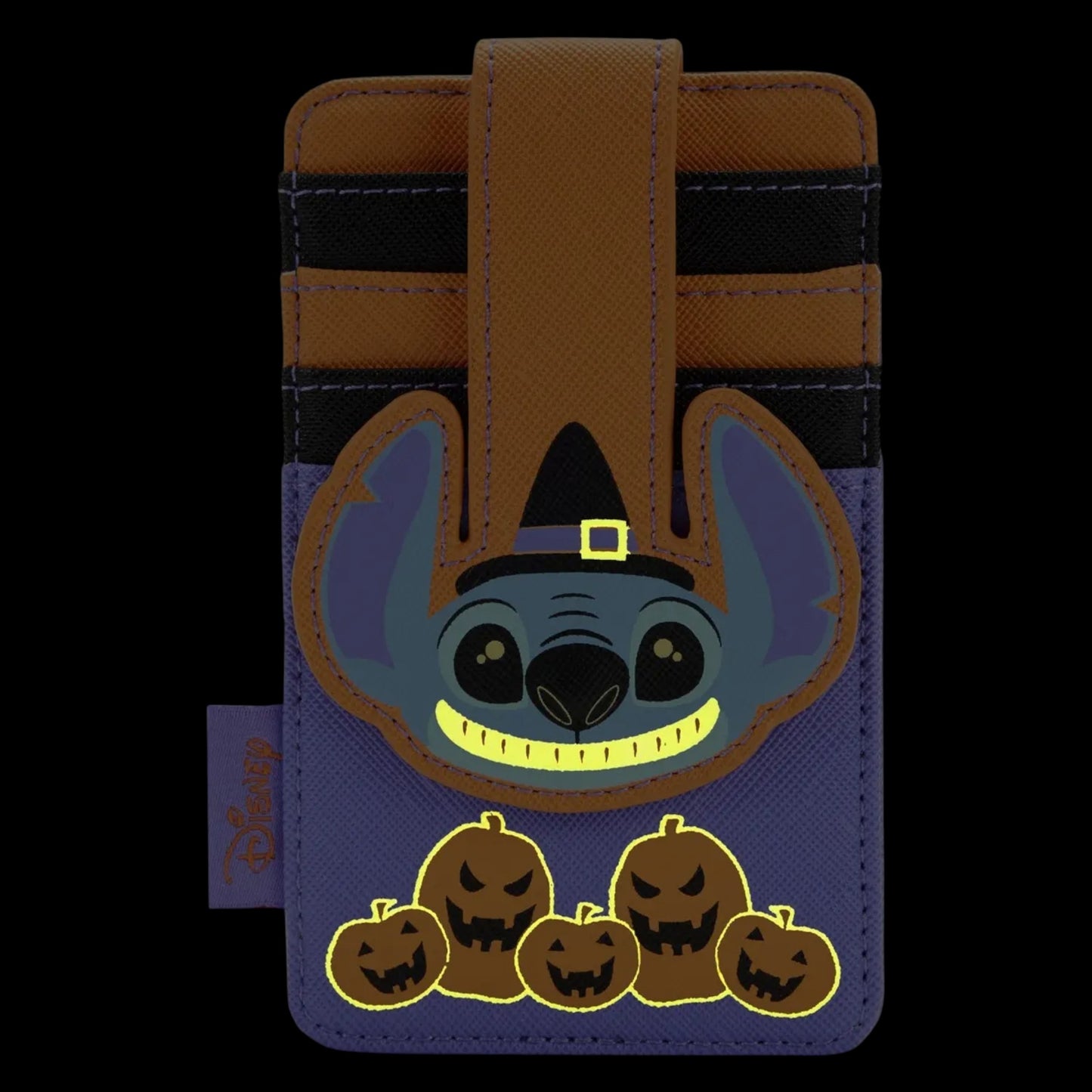 Card holder wallet with Halloween-themed design featuring Halloween Stitch and pumpkins glowing on a dark background