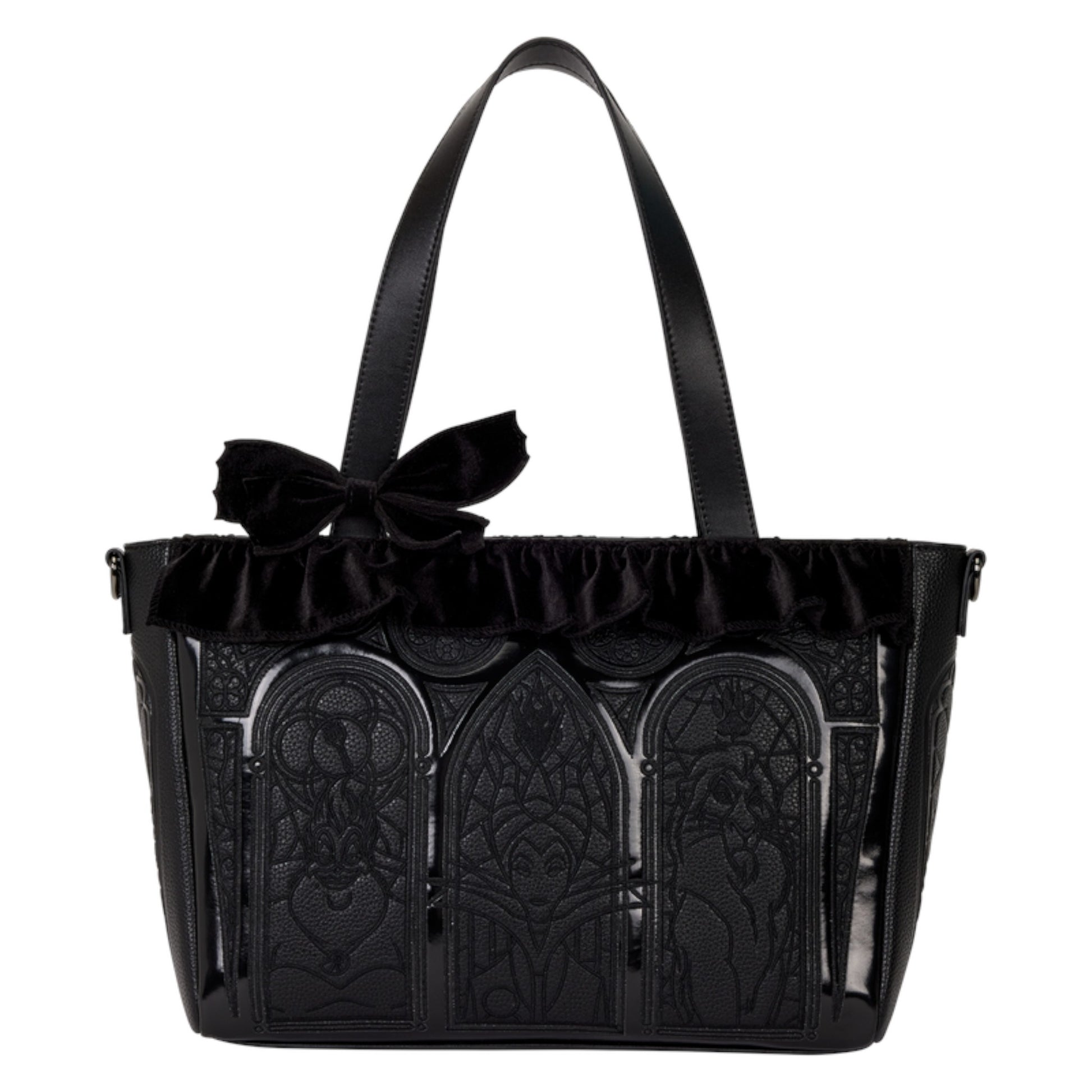 Black Villains Stained Glass Tote handbag with decorative bow and intricate design on a white background