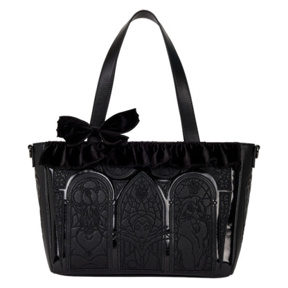 Black Villains Stained Glass Tote handbag with decorative bow and intricate design on a white background