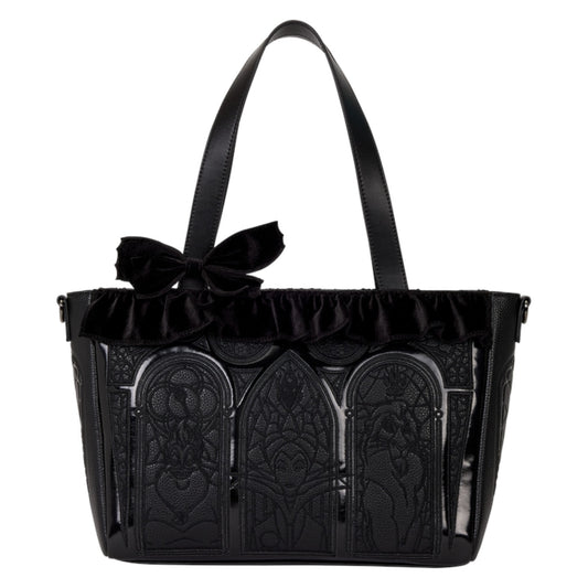 Black Villains Stained Glass Tote handbag with decorative bow and intricate design on a white background