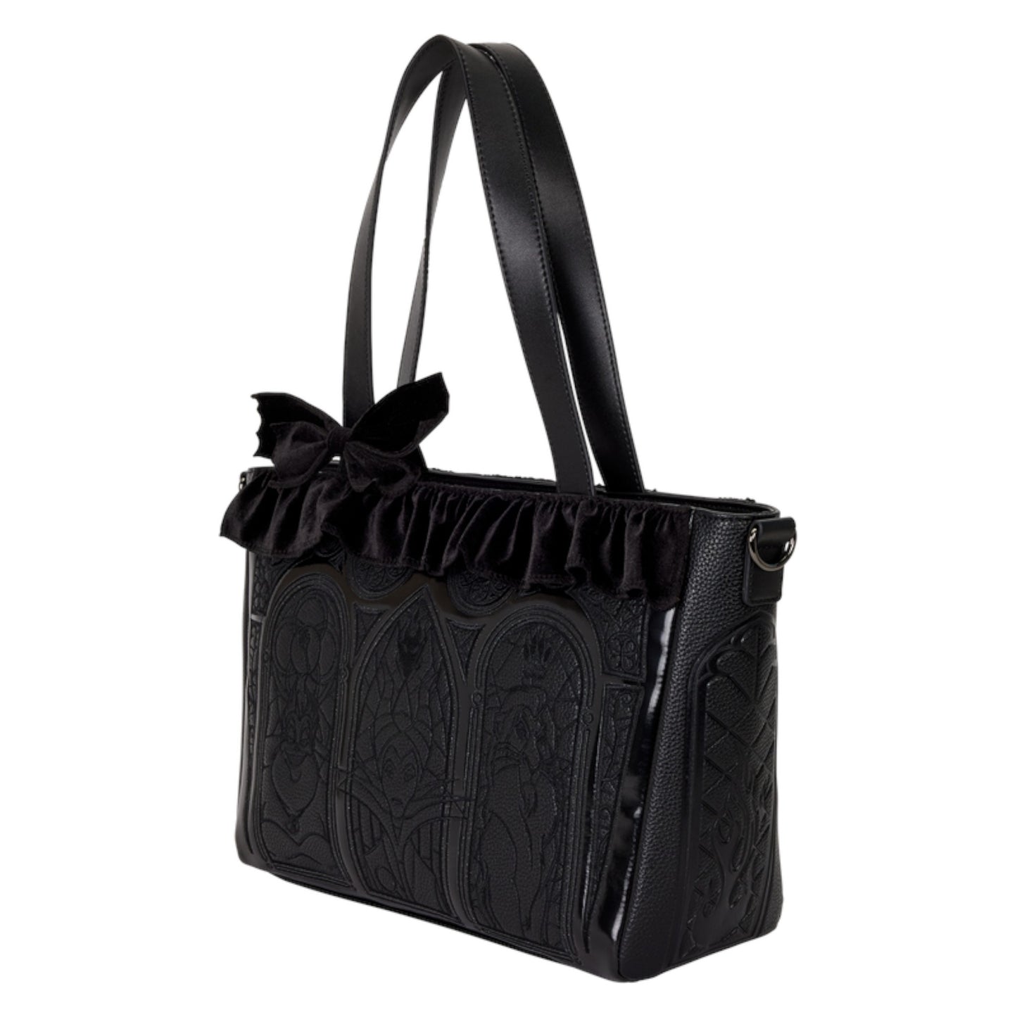 Black Villains Stained Glass Tote handbag with ruffled bow on a white background