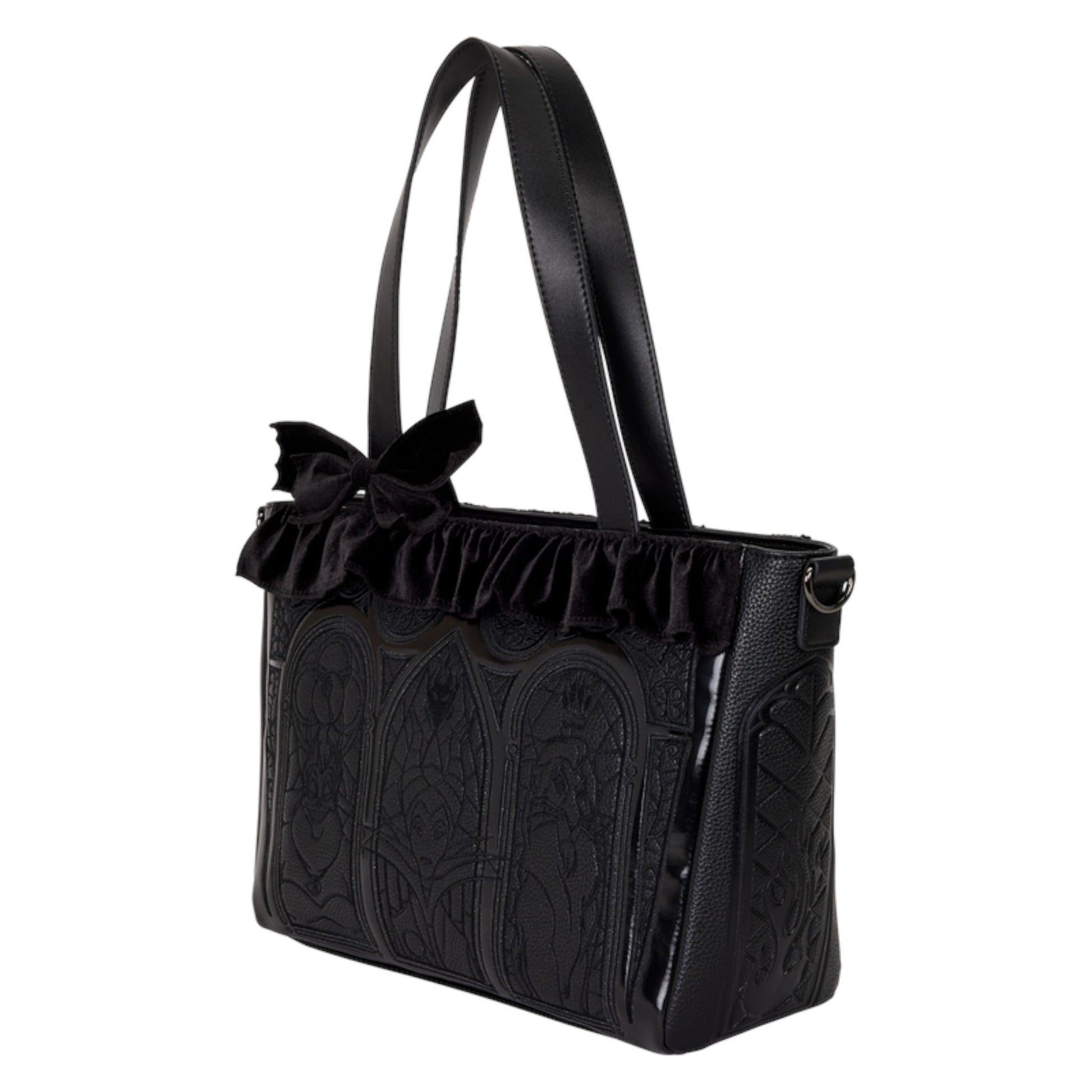 Black Villains Stained Glass Tote handbag with ruffled bow on a white background