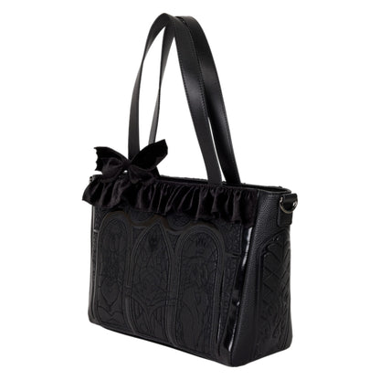 Black Villains Stained Glass Tote handbag with ruffled bow on a white background