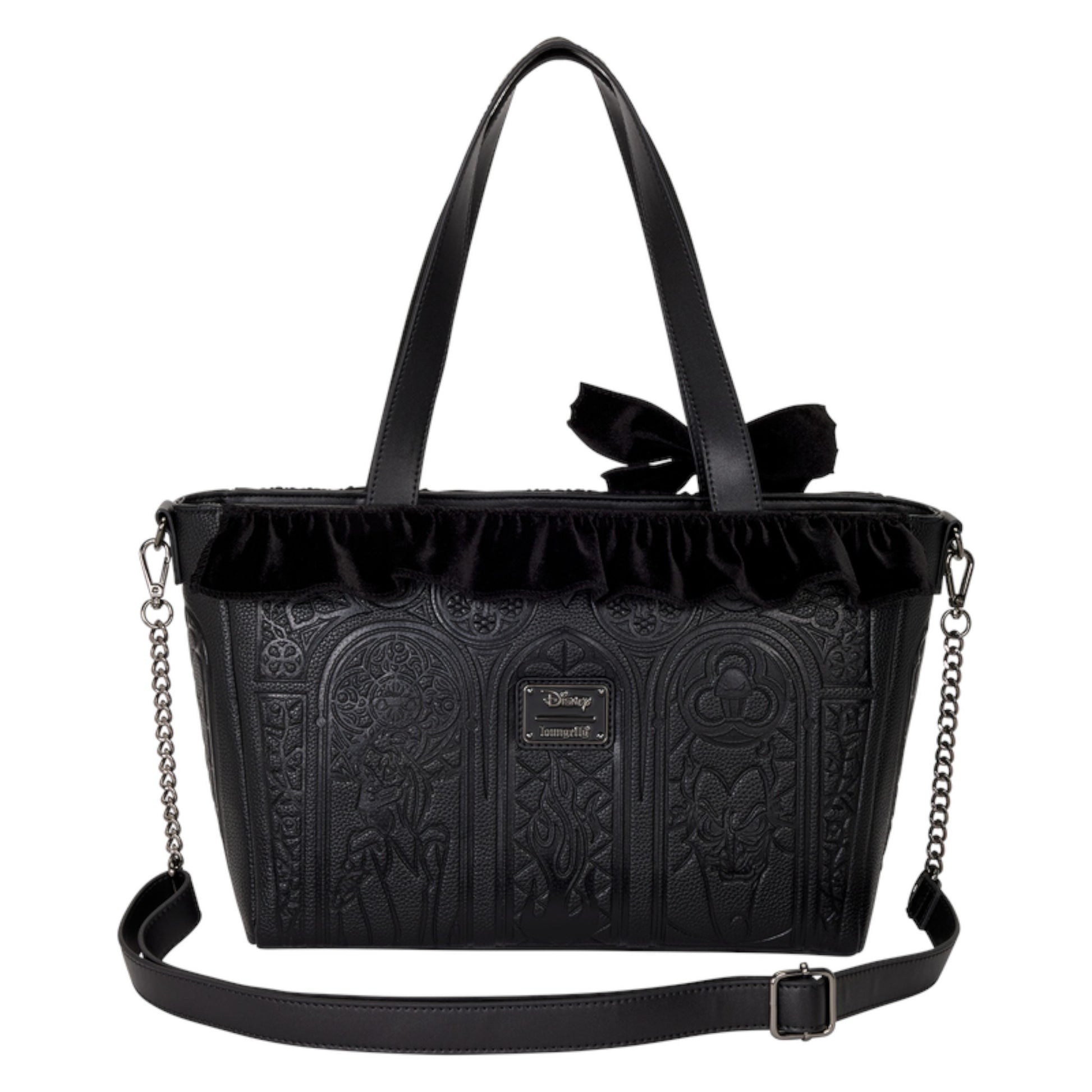 Black Villains Stained Glass Tote handbag with intricate designs and a bow on a white background