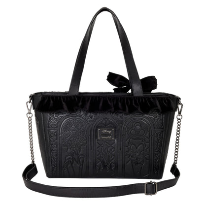 Black Villains Stained Glass Tote handbag with intricate designs and a bow on a white background
