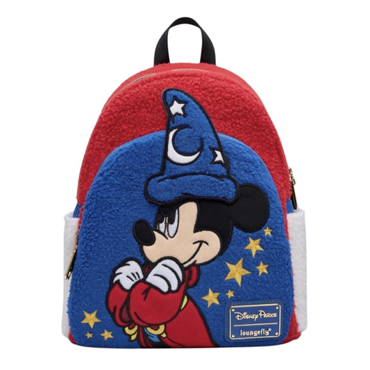 Disneyland Paris Excl Sorcerer Mickey Fantasia Sherpa Mini Backpack with a Sorcerer Mickey character design on a white background